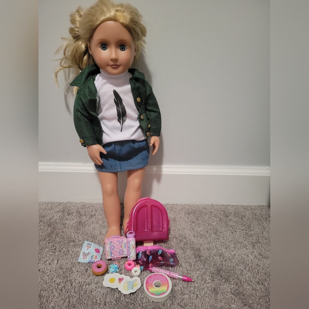 Our Generation 18" Doll with Green Jacket and Pink Accessories
